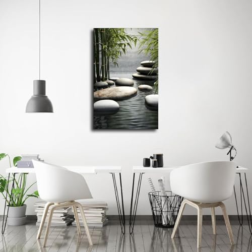 Zen Garden Wall Art With Bamboo And Stones - Tranquil Water Scene Poster Aesthetic Canvas Wall Art Modern Decor Poster for Living Room, Office, Bedroom Home Posters (20×30inch Framed) - size: 20×30inch Framed