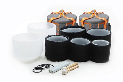 Set of 7 size 6"-12" White A-G Note 432 hz Crystal Singing Bowl with Carrying Case - color: Set of 7, White