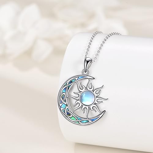 Sun and Moon Necklace for Women 925 Sterling Silver Celtic Crescent Moon Pendant Blue Opal/White Opal/Abelone Shell/Labradorite/Moonstone Jewelry Gift for Teen Girls - color: abalone shell moon