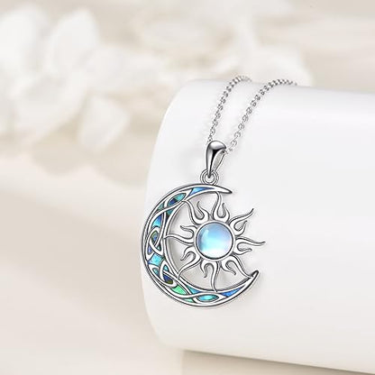 Sun and Moon Necklace for Women 925 Sterling Silver Celtic Crescent Moon Pendant Blue Opal/White Opal/Abelone Shell/Labradorite/Moonstone Jewelry Gift for Teen Girls - color: abalone shell moon