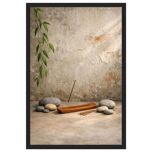 Framed Zen Incense and Stones Poster Canvas Print Art Rustic Minimalist Aesthetic Wall Art Painting Pictures Wall Decor Elegant Home Decor for Living Room Bedroom Office Decoration (Black framed,16L"X24W")