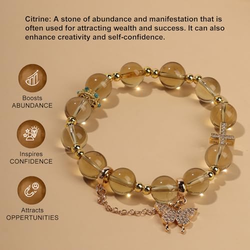 Natural Bead Bracelet 10mm Healing Crystal Bracelet for Women & Men Feng Shui Good Luck Meditation Buddhist Jewelry Handmade Stone Beaded Jewelry for Gift - color: Citrine