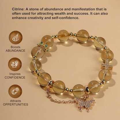 Natural Bead Bracelet 10mm Healing Crystal Bracelet for Women & Men Feng Shui Good Luck Meditation Buddhist Jewelry Handmade Stone Beaded Jewelry for Gift - color: Citrine