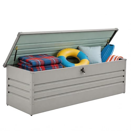 260 Gallon Waterproof Outdoor Storage Box, Extra Large Outside Metal Deck Storage Box for Patio Cushions, Garden Tools, Pool Supplies, Light Gray - color: Light Gray(260 Gal)-Metal