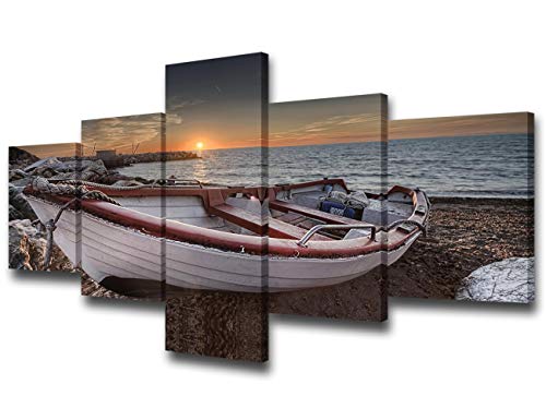 TUMOVO 5 Panels Wall Art Fishing Boat Sunset Seaside Scenery Landscape Print on Canvas for Home Decoration Hang in Living Room Office Bedroom Stretched and Framed Ready to Hang - 50" W x 24" H - color: Artwork-04, size: 50"W x 24"H