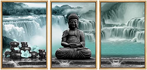 NWT Framed Canvas Print Wall Art Set Zen Buddha Buddhism Waterfall Flower Landscape Nature Wilderness Digital Art Modern Rustic Scenic Multicolor for Living Room, Bedroom, Office - 24"x36"x3 Natural - color: A02-2206-m21, size: 24" x 36" x 3 Panels NATURA