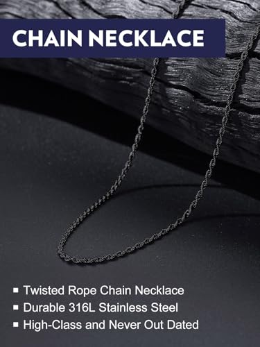 Bandmax Solid 1.5mm/2mm/3mm/6mm Rope Chains for Men Women 14K Gold Plated/Black Plated Stainless Steel Twist Chain 16-30 Inches, with Gift Box - color: 06 2MM Black Plated