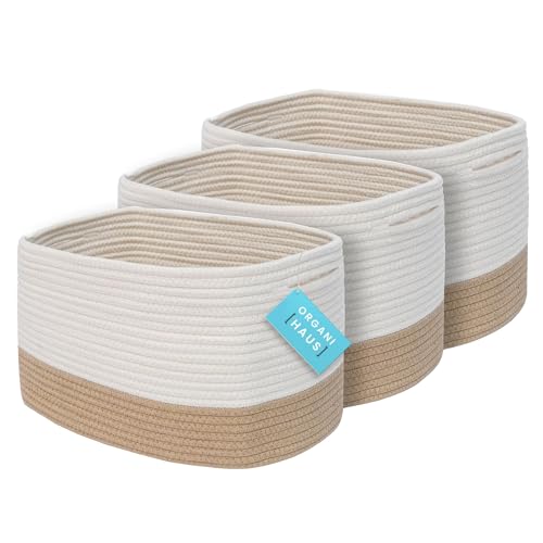 Honey Cotton Rope Baskets for Shelves, Set of 3-15"×10"×9½" - Woven Storage Baskets for Organizing - Closet, Nursery, Bedroom, Playroom - Toys, Books, Towels, Clothes - color: Honey / Off-White