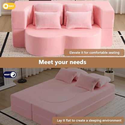 2-in-1 Folding Sofa Bed with Pillow, No Assembly Futon Twin Size Sofa Bed, Breathable Velvet Convertible Couch Bed for Living Room and Guest Room, 78.7 Inch, Pink - color: Pink-78.7", size: 2 seat