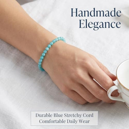 Angelstones Natural Gemstone Small Beaded Stretch Bracelet, 4mm Faceted Round Beads, Crystal Healing Bracelet for Women - color: Brazilian Blue Amazonite