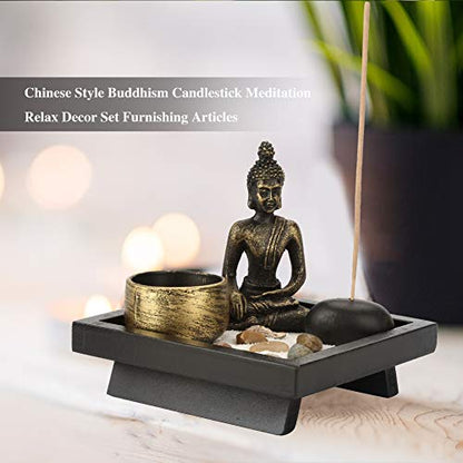Zen Meditation Rock Garden Table Kit, Chinese Buddhism Candlestick, Meditation Relax Decor Set for Home,Garden