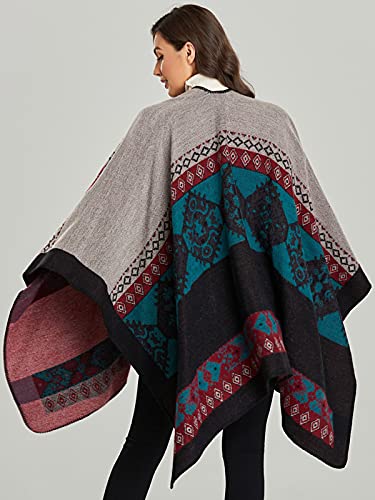 Women's Shawls and Wraps Open Front Poncho Cape Winter Sweater - color: N33-totem Pink Black