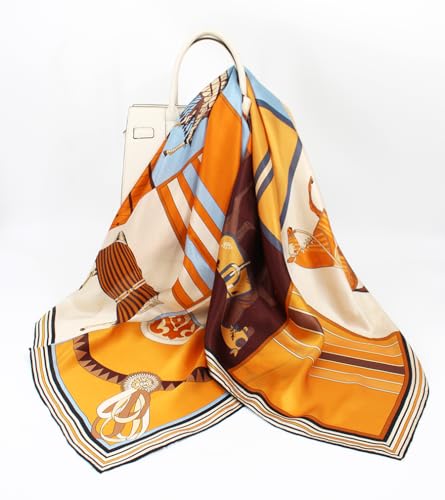 ANDANTINO 100% Silk Scarf 43" Large Square Lightweight Headscarf& Shawl–Women Hair Wraps-With Gift Packed - color: Brown&blue -Horse