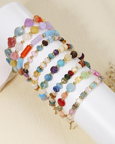 BOMAIL 9PCS Colorful Beaded Bracelets for Women Boho Multicolor Acrylic Resin Beads Bracelets Set Adjustable Statement Bracelet Summer Beaded Jewelry
