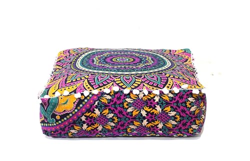 CRAFT KALA Large Hippie Mandala Meditation Floor Ottoman Pillow Cushion Pouf Cover Square Poufs Bohemian Circle Floor Cushion Case Outdoor Fireplace Yoga Living Room Decor Cover New Pink, 16" Square - color: New Pink, size: 16"D x 16"W x 5"H