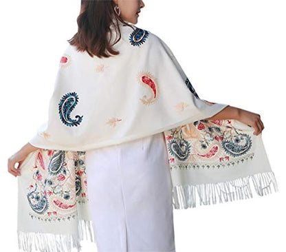 Urban CoCo Women's Embroidered Oversize Tassel Shawl Scarf Wraps for Women - color: #5-white