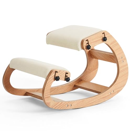 Ergonomic Kneeling Chair, Adjustable Rocking Knee Chairs for Home Office, Wooden Office Knee Chair for Back Pain Relief, Beige
