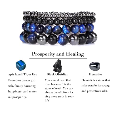 4pcs Beaded Bracelets for Women,Natural Healing Crystal Gemstones Bracelet,Anxiety Stress Relief Bracelet Handmade purple Jewelry Gifts for Women - color: lapis lazuli Tiger Eye&Black Obsidian&Hematite