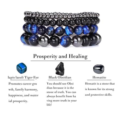 4pcs Beaded Bracelets for Women,Natural Healing Crystal Gemstones Bracelet,Anxiety Stress Relief Bracelet Handmade purple Jewelry Gifts for Women - color: lapis lazuli Tiger Eye&Black Obsidian&Hematite