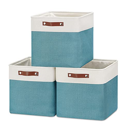HNZIGE Cube Storage Baskets for Shelves Foldable Storage cubes Baskets(3 Pack) Cube Storage Bin,13 Inch Storage Basket for Organizing with Leather Handles for Toys, Clothes, Kids , Closet (White&Teal) - color: white&teal, size: 13*13*13 in-3 Pack