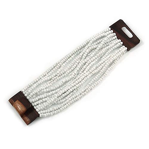 Avalaya White Glass Bead Multistrand Flex Bracelet With Wooden Closure - 19cm L