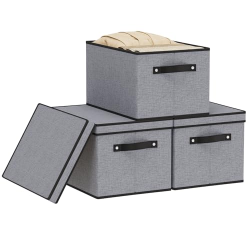 Storage Boxes with Lids, Decorative Linen Storage Bins for Shelves, Fabric Closet Organizer with Handles, Gray, 16.5 x 11.8 x 10.2 Inch, 3-Pack - color: Grey, size: Large（3 Pack）