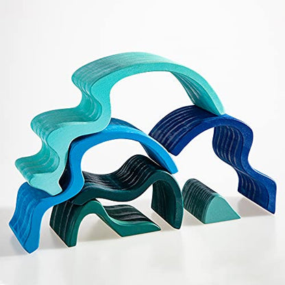 Wooden Rainbow Stacking Toy, Water Wave Elements Wooden Stacker, Various Shapes Nesting Stacking Blocks, Waldorf & Montessori Open-Ended Education Toy for Kids/Toddlers - color: Waterwaves