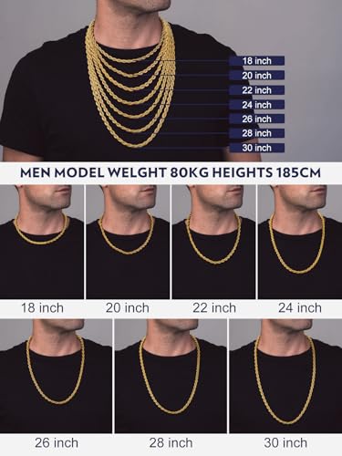Bandmax Solid 1.5mm/2mm/3mm/6mm Rope Chains for Men Women 14K Gold Plated/Black Plated Stainless Steel Twist Chain 16-30 Inches, with Gift Box - color: 11 6MM Gold Plated