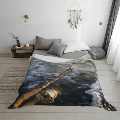 Flannel Throw Blanket 40x30 Inch, Fishing Rod Prints Anti-Pilling Warm Fuzzy Blankets for Bed Sofa Couch Travel - color: Fishing Rod, size: 40x30 Inch
