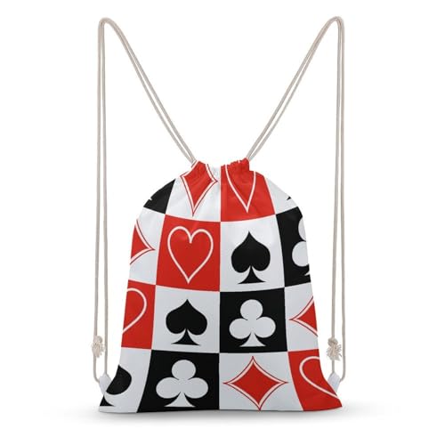 Suits Hearts Diamonds Clubs Spades Grid Poker Playing Cards Portable Canvas Drawstring Backpack with Drawstring Pockets 30x40cm - color: Suits Hearts Diamonds Clubs Spades Grid Poker, size: 30x40cm