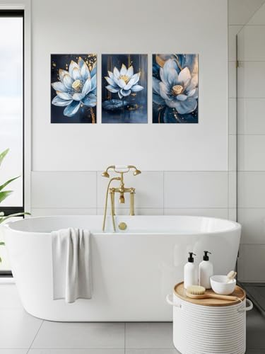 Lotus Wall Art Navy Blue and Gold Zen Lotus Flower Canvas Prints Set of 3 Framed Meditation Floral Artwork for Bathroom Living Room Yoga Spa Home Decor Ready to Hang(11"x14"x3)
