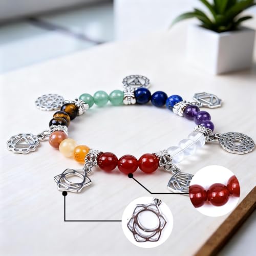7 Chakra Healing Bracelet with Natural stones for Energy Healing & Balance, Stretch Beaded Jewelry for Energy Balance, Meditation, Yoga, Gift for Women