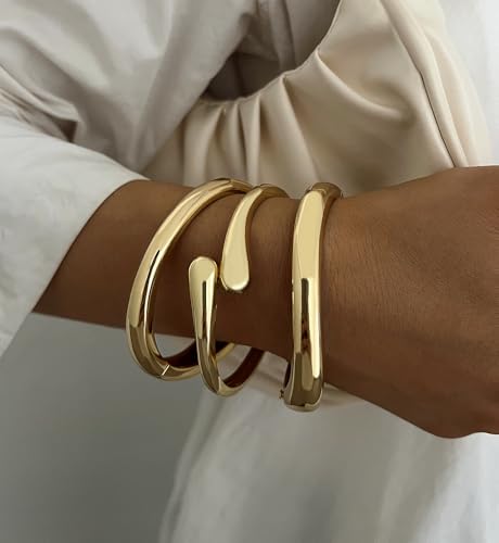Chunky Gold Bangle Bracelets for Women, Dainty 14k Gold Plated Big Stackable Bangles Set, Trendy Statement Cuff Bracelet Stack Fashion Jewelry Gifts - style: A7-gold