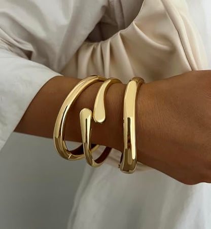 Chunky Gold Bangle Bracelets for Women, Dainty 14k Gold Plated Big Stackable Bangles Set, Trendy Statement Cuff Bracelet Stack Fashion Jewelry Gifts - style: A7-gold