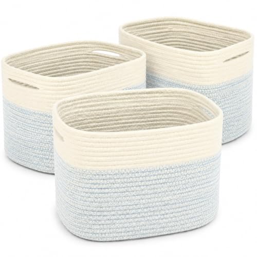 OrganiHaus Blue Cotton Rope Baskets for Shelves, Set of 3 - 15"×10"×9½" - Colorful Storage Baskets for Kids - Nursery, Playroom, Classroom - Toy Storage, Books, Towels - color: Blue / Off-White