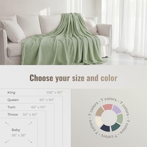 4-Layer Muslin Cotton Queen Bed Blanket (90 x 90 inches) – Ultra Soft Breathable Gauze, Lightweight All-Season Cozy Blanket, Machine Washable – Green - color: Green, size: Queen (90 x 90 inches)