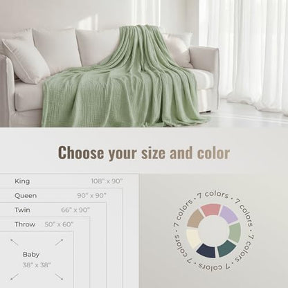 4-Layer Muslin Cotton Queen Bed Blanket (90 x 90 inches) – Ultra Soft Breathable Gauze, Lightweight All-Season Cozy Blanket, Machine Washable – Green - color: Green, size: Queen (90 x 90 inches)