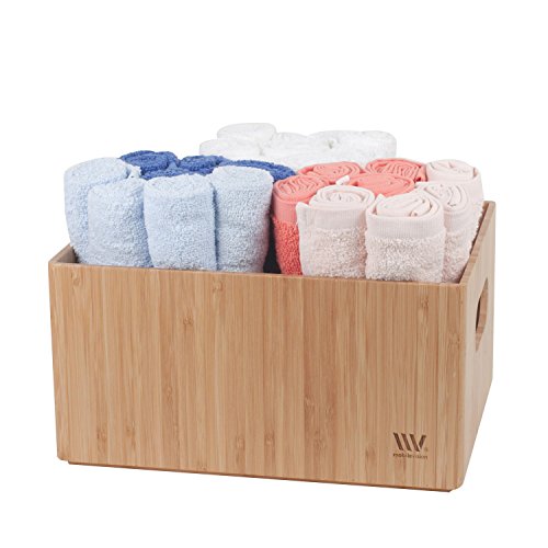 MobileVision Bamboo Storage Box, 12”x 9”x 6”, Durable Bin w/ Handles, Stackable - For Toys Bedding Clothes Baby Essentials Arts & Crafts Closet & Office Shelf With (White Clip Included)