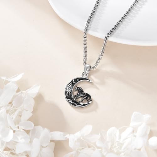 Sterling Silver Cute Animal Pendant Necklace Fox/Snake/Unicorn/Owl on Moon/Rabbit/Horse Necklace Jewelry for Women Mom Sister - style: Horse Moon