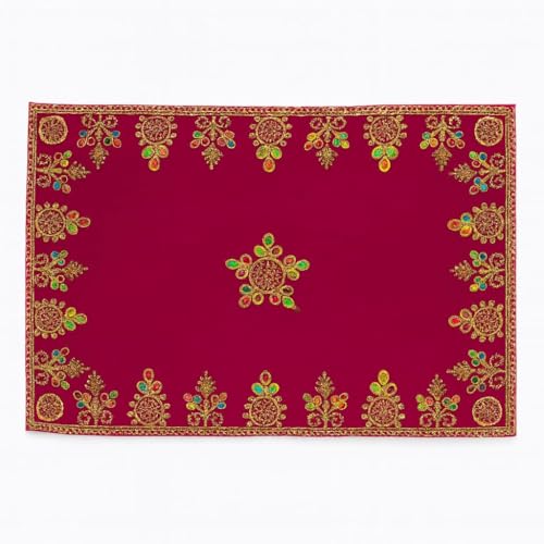 Handcrafted Velvet Puja Chowki Aasan Cloth with Rich Golden Zari Embroidery, Traditional Indian Decorative Pooja Altar Cover for Home Mandir, Temple Décor - 11x18 Inch (Magenta) - color: Magenta