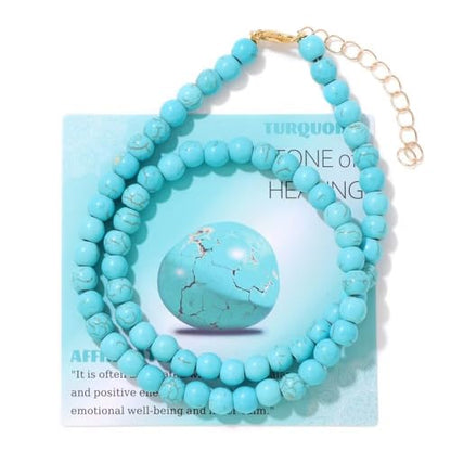 Healing Crystal Necklace for Women Men Colorful 6mm Natural Stone Beaded Choker Gemstone Necklaces with Card Handmade Reiki Spiritual Jewelry Gift - color: Turquoise