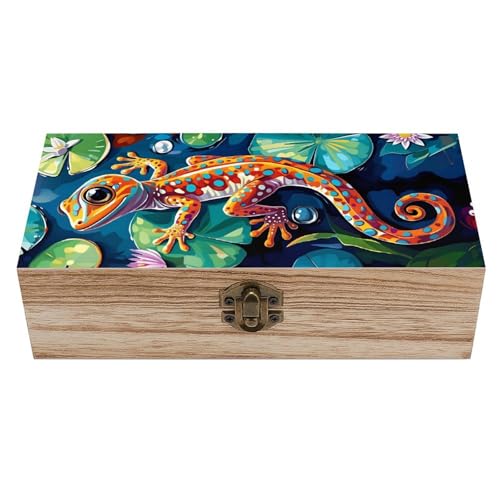 Vibrant Gecko Vintage Wooden Storage Box with Hinged Lid – Rustic Natural Wood Keepsake Box for Jewelry, Trinkets, And Photos – Decorative Small Chest Organizer (7.9" X 3.9" X 2.3") - color: black-3