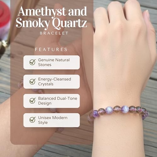 The Alchemist's Arcanum Adjustable Beaded Wrist Accessory for Men and Women, Stretch Fit Stone Bead Jewelry for Daily Wear and Gifting - color: Amethyst & Smoky Quartz