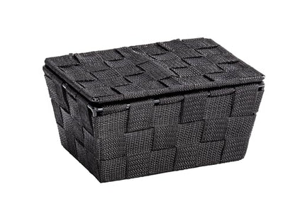 WENKO Storage Adria Black with lid-Bathroom Basket, Polypropylene, 19 x 10 x 14 cm - color: Black