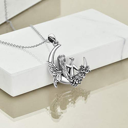 Sterling Silver Cute Animal Pendant Necklace Fox/Snake/Unicorn/Owl on Moon/Rabbit/Horse Necklace Jewelry for Women Mom Sister - style: fairy