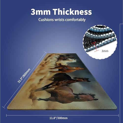 Wknoon. Extra Large Gaming Mouse Pad (31.5" x 11.8") with Durable Stitched Edges – Galloping Horses in The Sand Magnificent Scene, Running Animals Equine Themed Extended XXL Desk Mat - color: Galloping Horses
