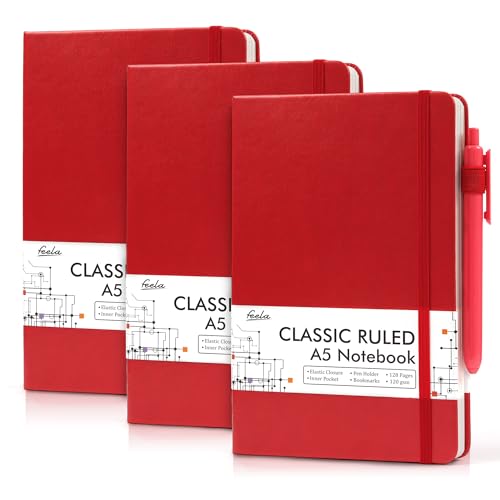 feela 3 Pack Notebooks Journals Bulk with 3 Black Pens, A5 Hardcover Notebook Classic Ruled Lined Journal Set with Pen Holder for Work Business Journaling Note Taking, 120 GSM, 5.1”x8.3”, Red - color: 3 Pack red