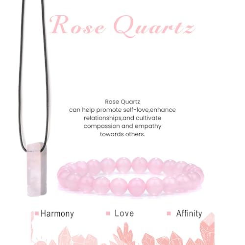 Pingyongchang Stress Relief Anxiety Yoga Bracelets Necklace Set,Healing Crystal Stone Mantra Bracelets for Women Natural Crystal Stone birthday Gifts For Teen Girls Black Leather Necklace for Men - color: Rose Quartz