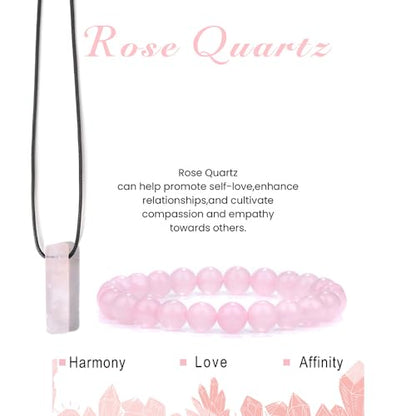 Pingyongchang Stress Relief Anxiety Yoga Bracelets Necklace Set,Healing Crystal Stone Mantra Bracelets for Women Natural Crystal Stone birthday Gifts For Teen Girls Black Leather Necklace for Men - color: Rose Quartz