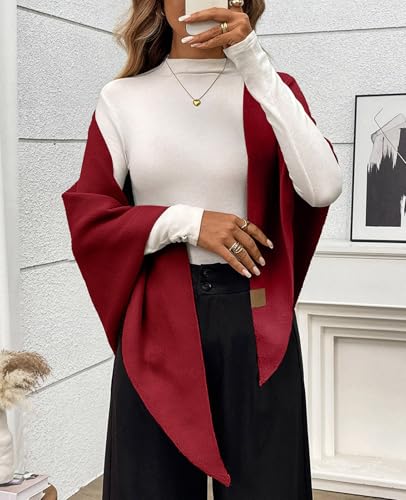 Womens Knitted Shawl Wraps Casual Solid Color Cape Scarf Comfortable Triangle Pashmina Shoulder Sweater - color: Wine Red